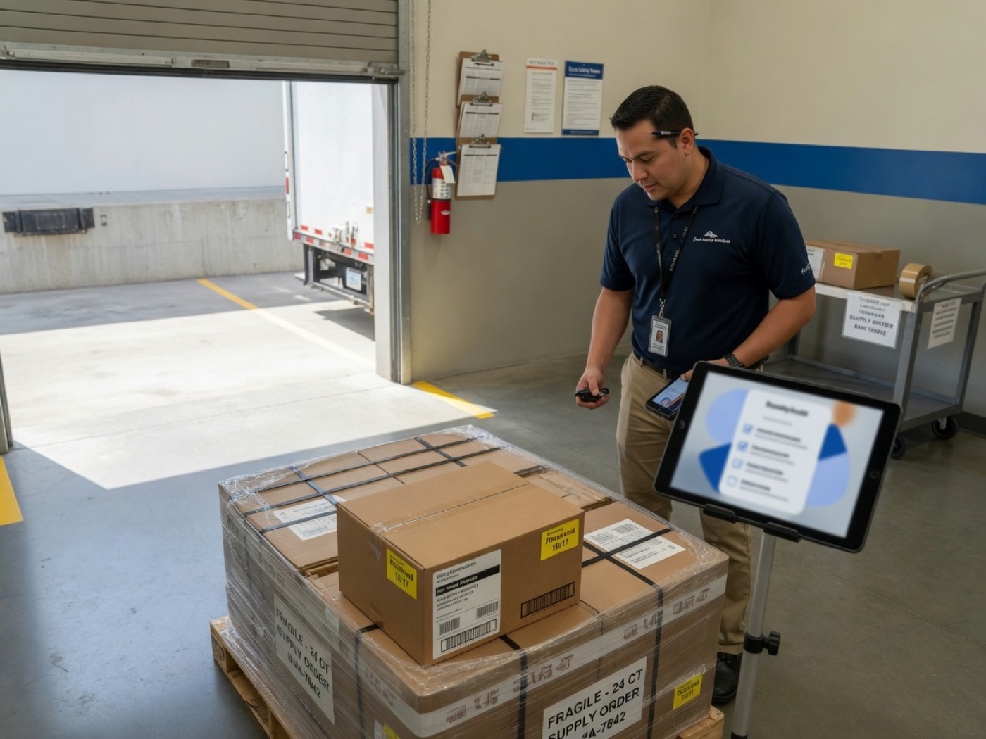 A receiving dock checking in a group supply order.