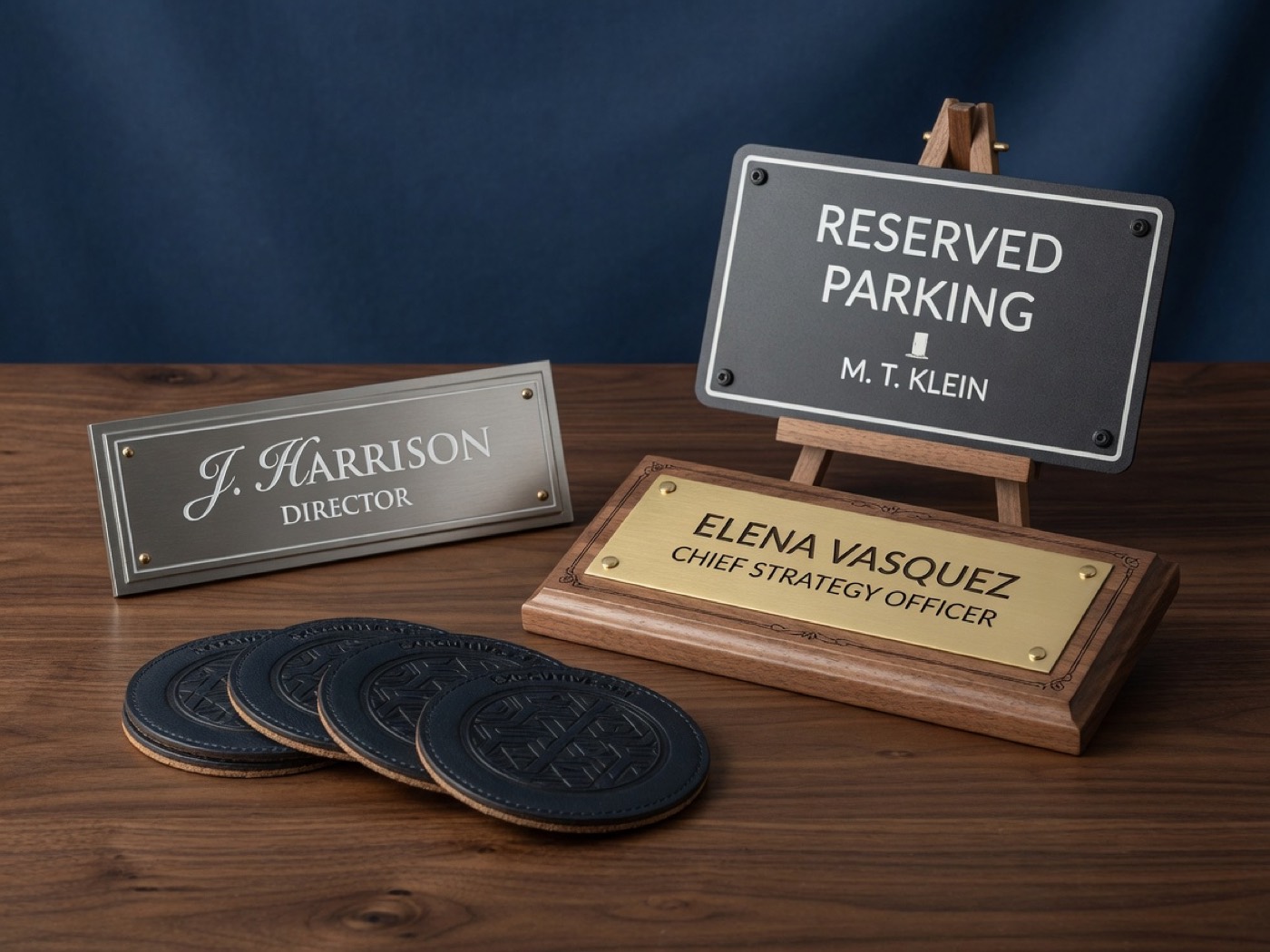 Laser-engraved nameplates, a desk plaque, and coasters.