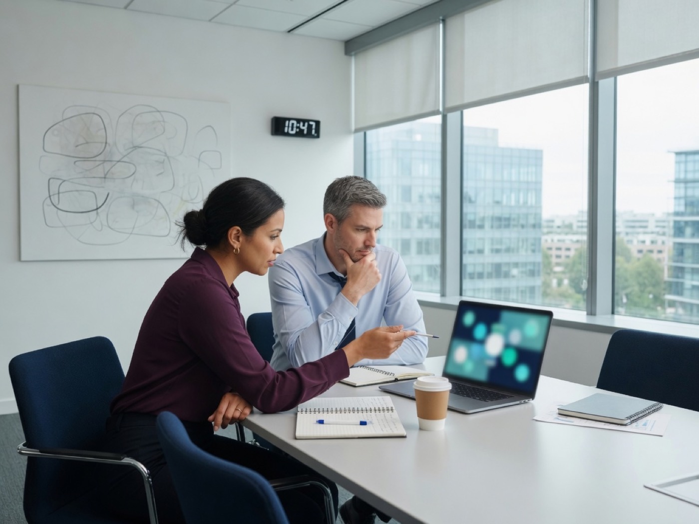 Two colleagues deciding the next step at a conference table.