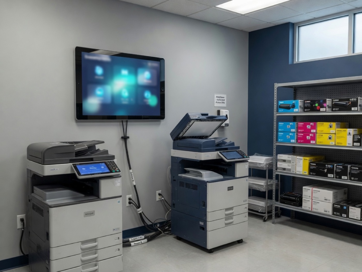A clean print room with copiers and organized toner supply.