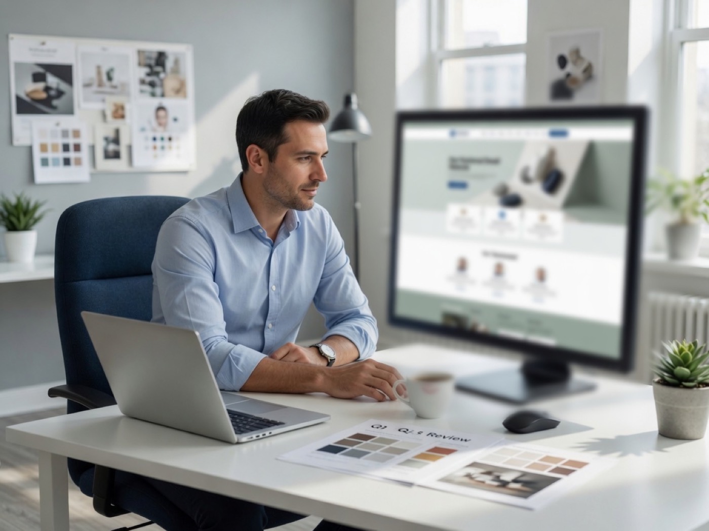 A professional reviewing a business website on a large monitor.